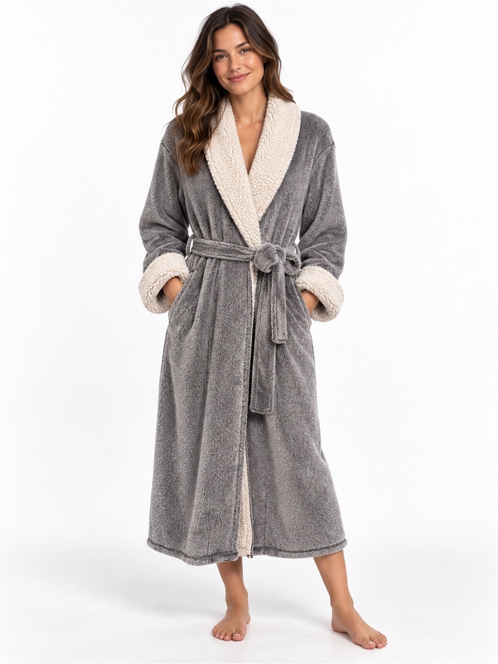 Natori Gray Plush Sherpa Faux Fur Robe XL Long Belted Long Sleeve Loungewear EUC